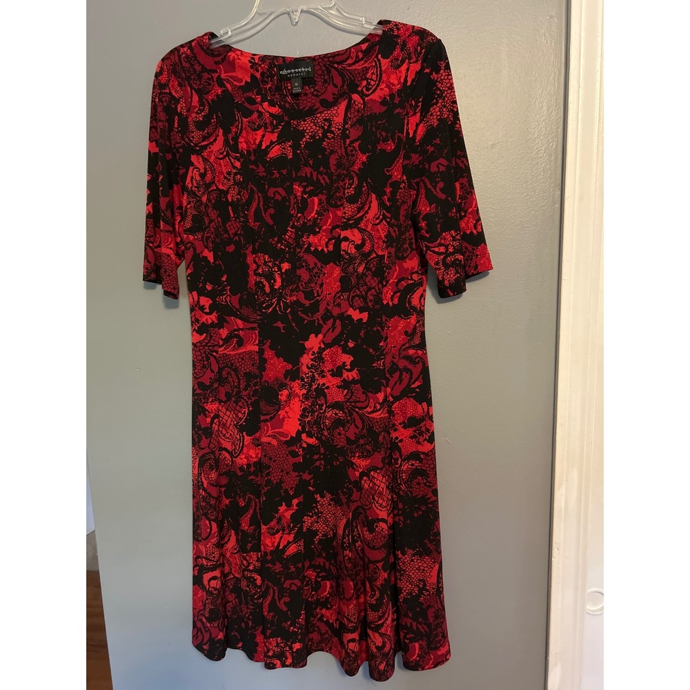 Connected Apparel Red Black Lace Print A-Line Dress Elbow Sleeve Y2K Boho Sz 10